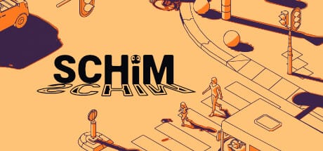 Schim game cover image showing an orange city street scene with the Schim logo and silhouetted characters near a crosswalk.