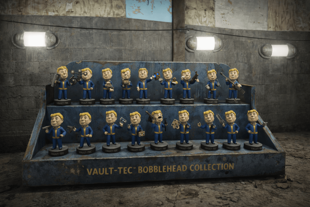 Fallout 4 bobblehead display stand showing collectible figures
